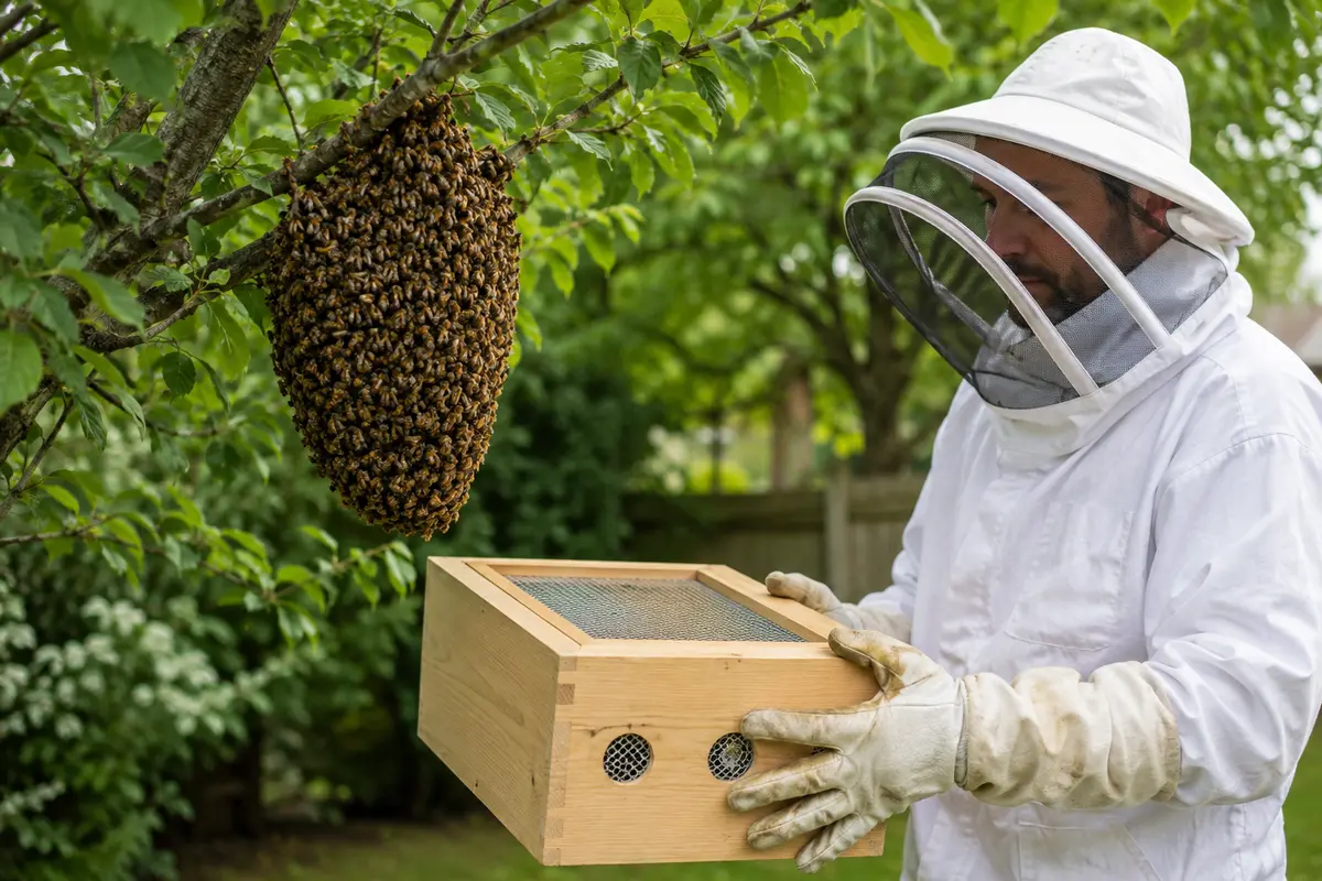 A honey bee swarm resting on a tree branch